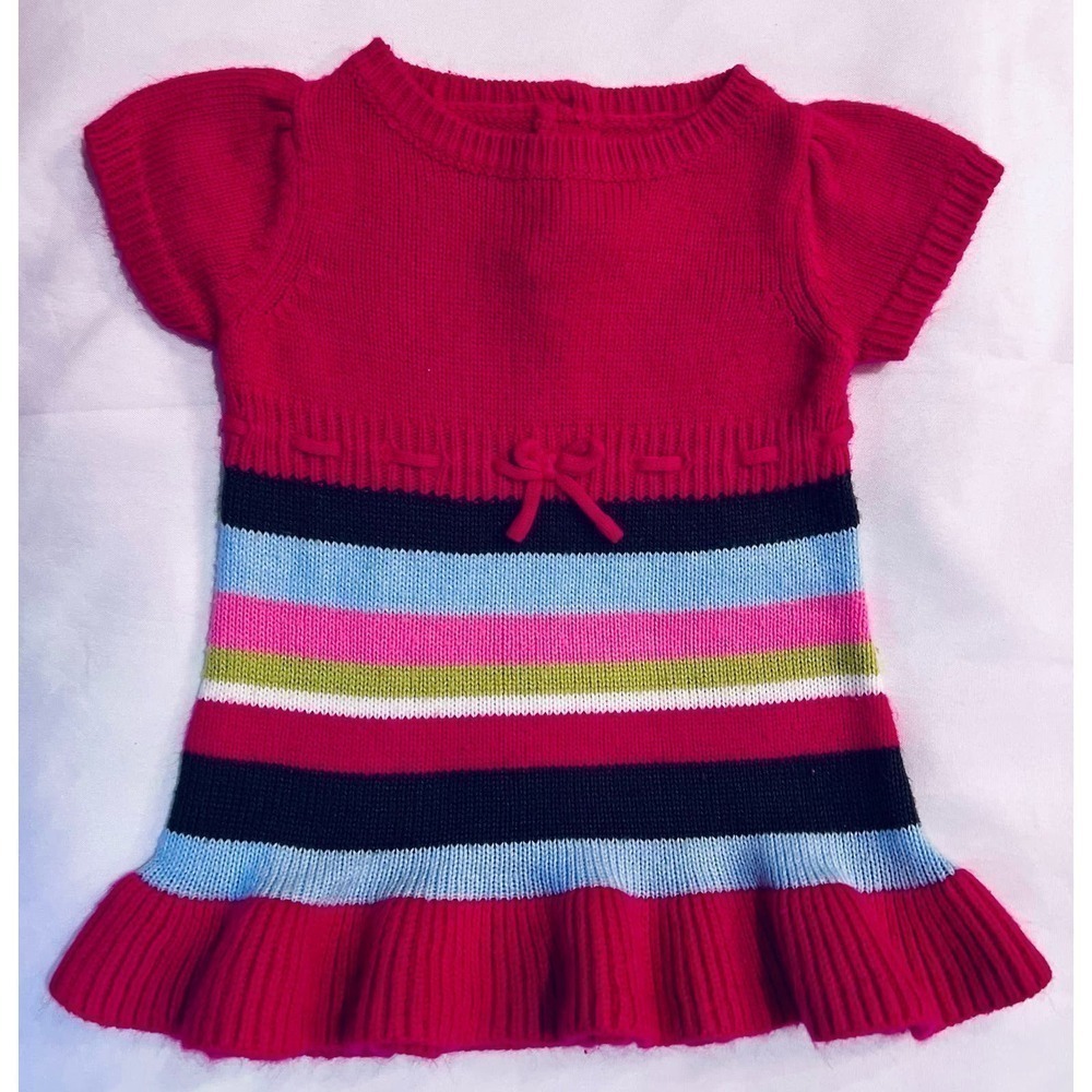 Crazy 8 pink striped short sleeve ruffle hem sweater dress - size 3-6 months
